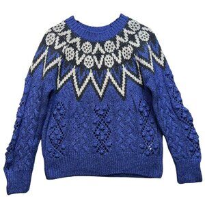 Lucky Brand Women's Crew Neck Pullover Sweater Cable Knit Size S Blue Fair Isle